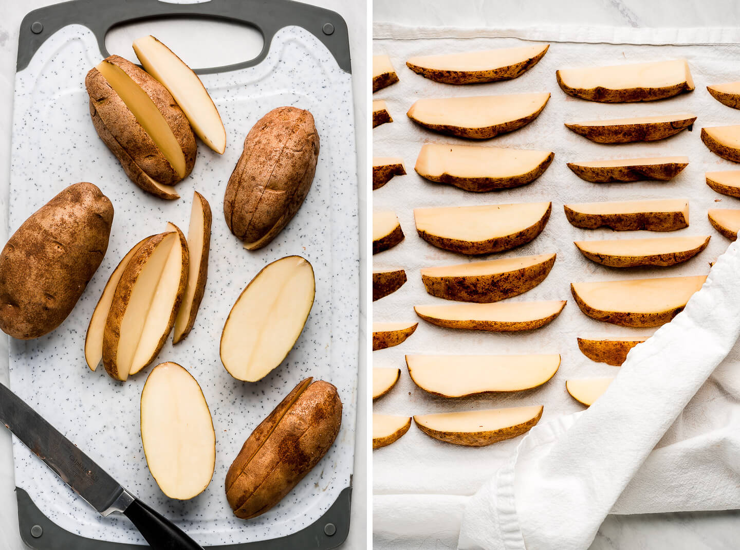 Diptych- Potatoes sliced in wedges on a cutting board; wedges on a towel.