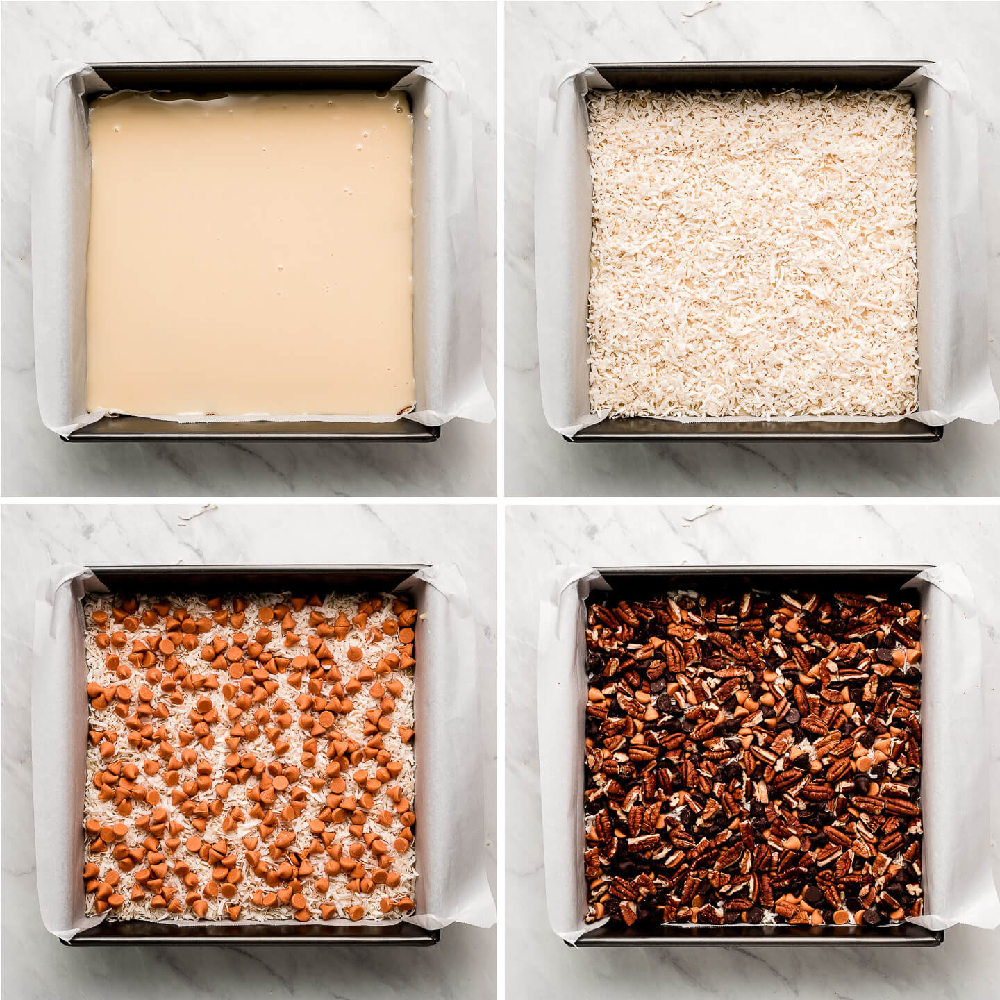 Diptych- Pan lined with parchment showing sets of filling with sweetened condensed milk, coconut, butterscotch chips, chocolate, and nuts.