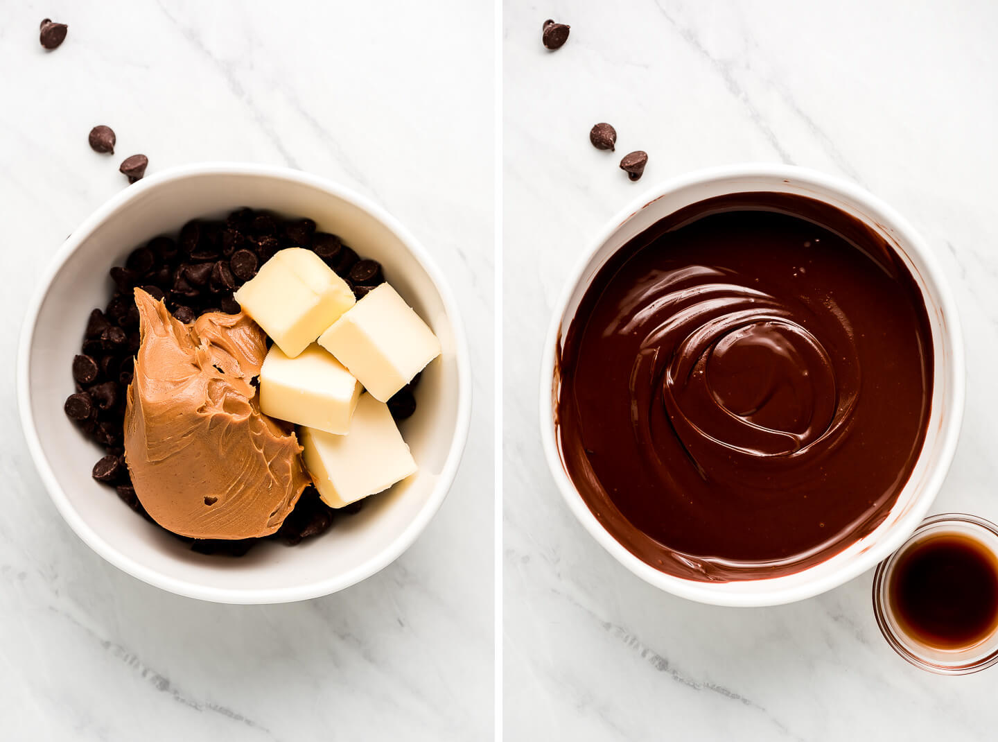 Diptych- Bowl with chocolate chips, peanut butter, and butter; melted and mixed together.