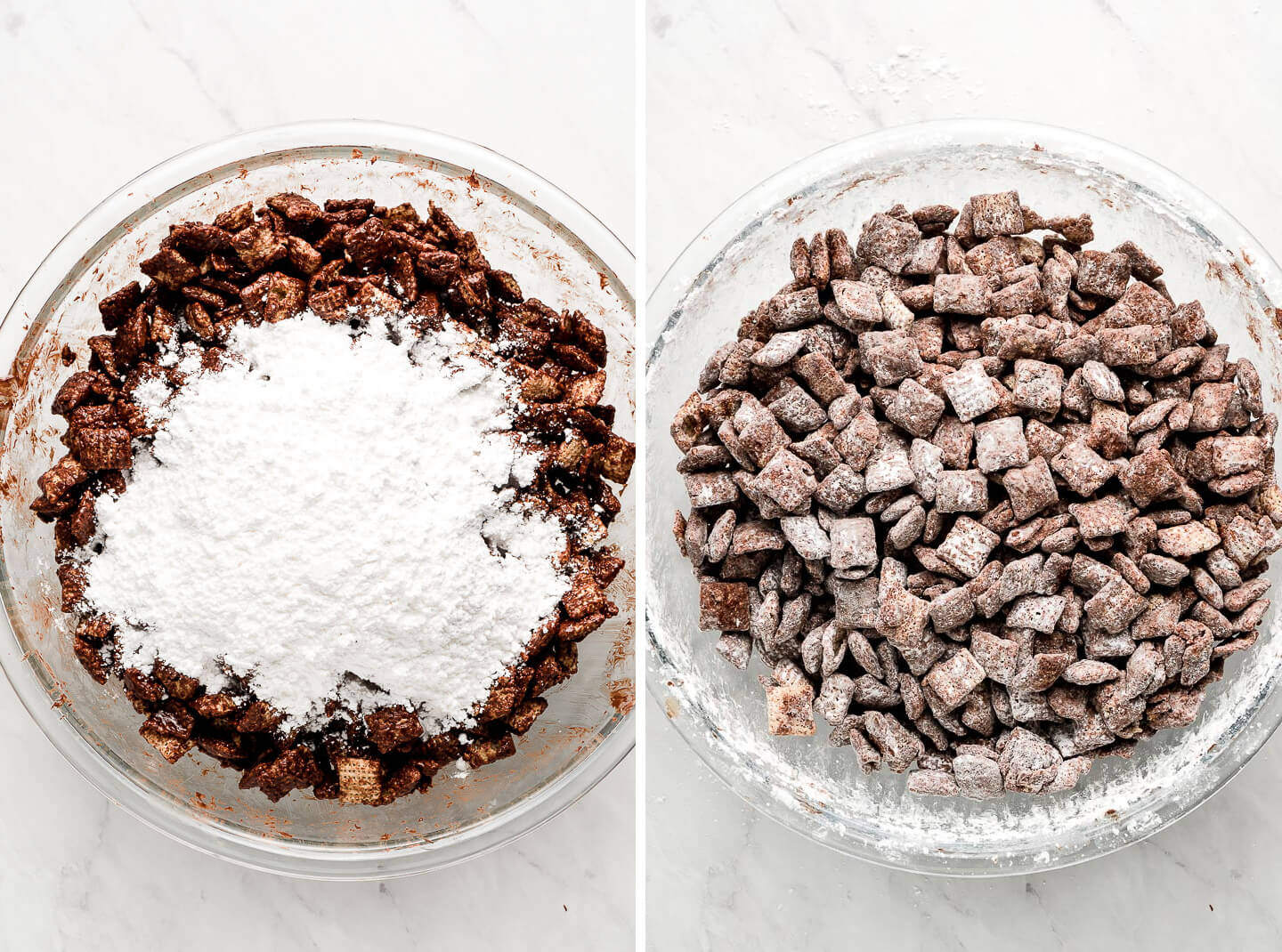 Diptych- Large mixing bowl with chocolate covered Chex topped with powdered sugar; all mixed and coated in sugar.