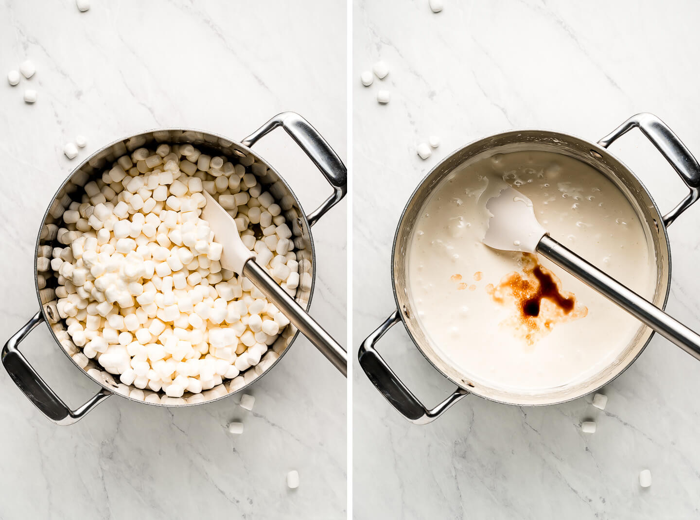 Diptych- Marshmallows and melted butter in a pot; marshmallows melted down with vanilla and salt added.