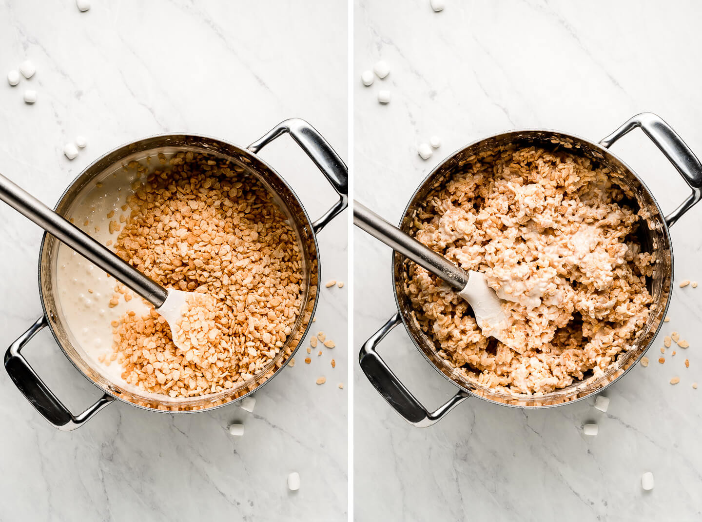 Diptych- Melted marshmallows in a pot with rice cereal on top; mixed together.
