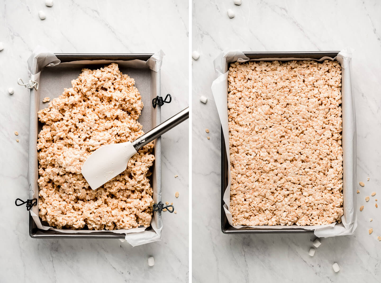 Diptych- Spreading Rice Krispies out in a pan; press flat.