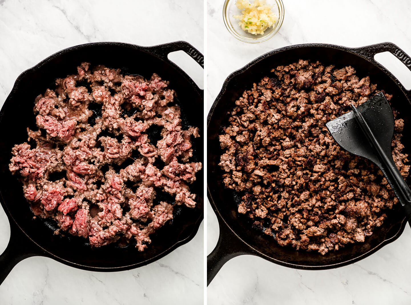 Diptych- Skillet of crumbled raw ground beef in a skillet; browned beef with garlic to the side.