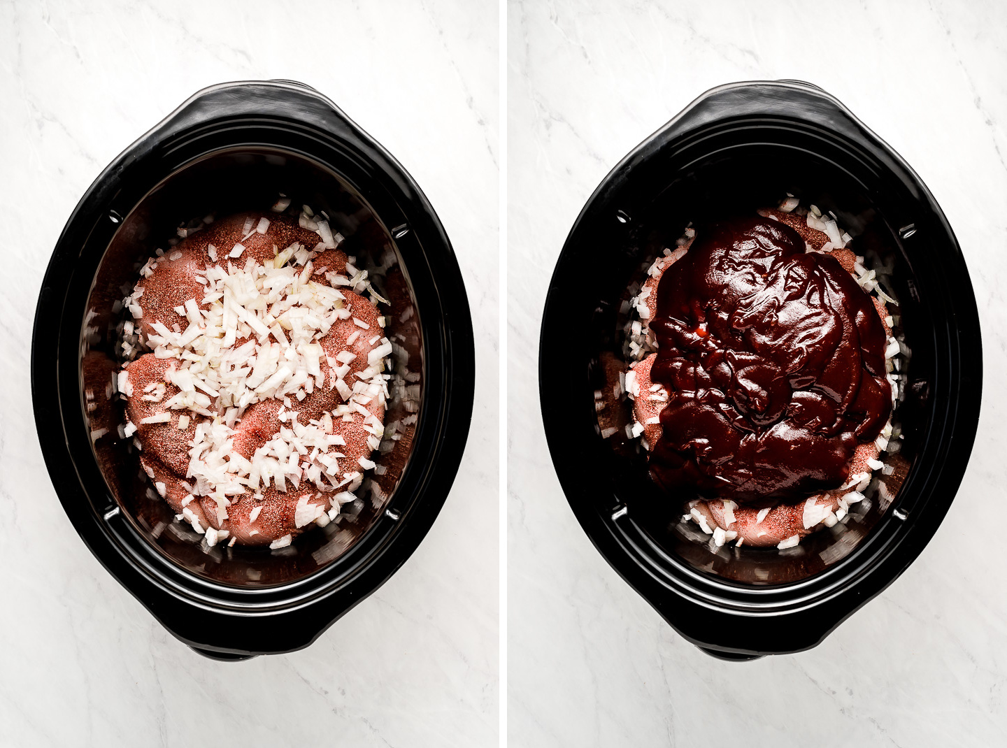 Diptych- Raw seasoned chicken breasts topped with chopped onions; bbq sauce added on top.