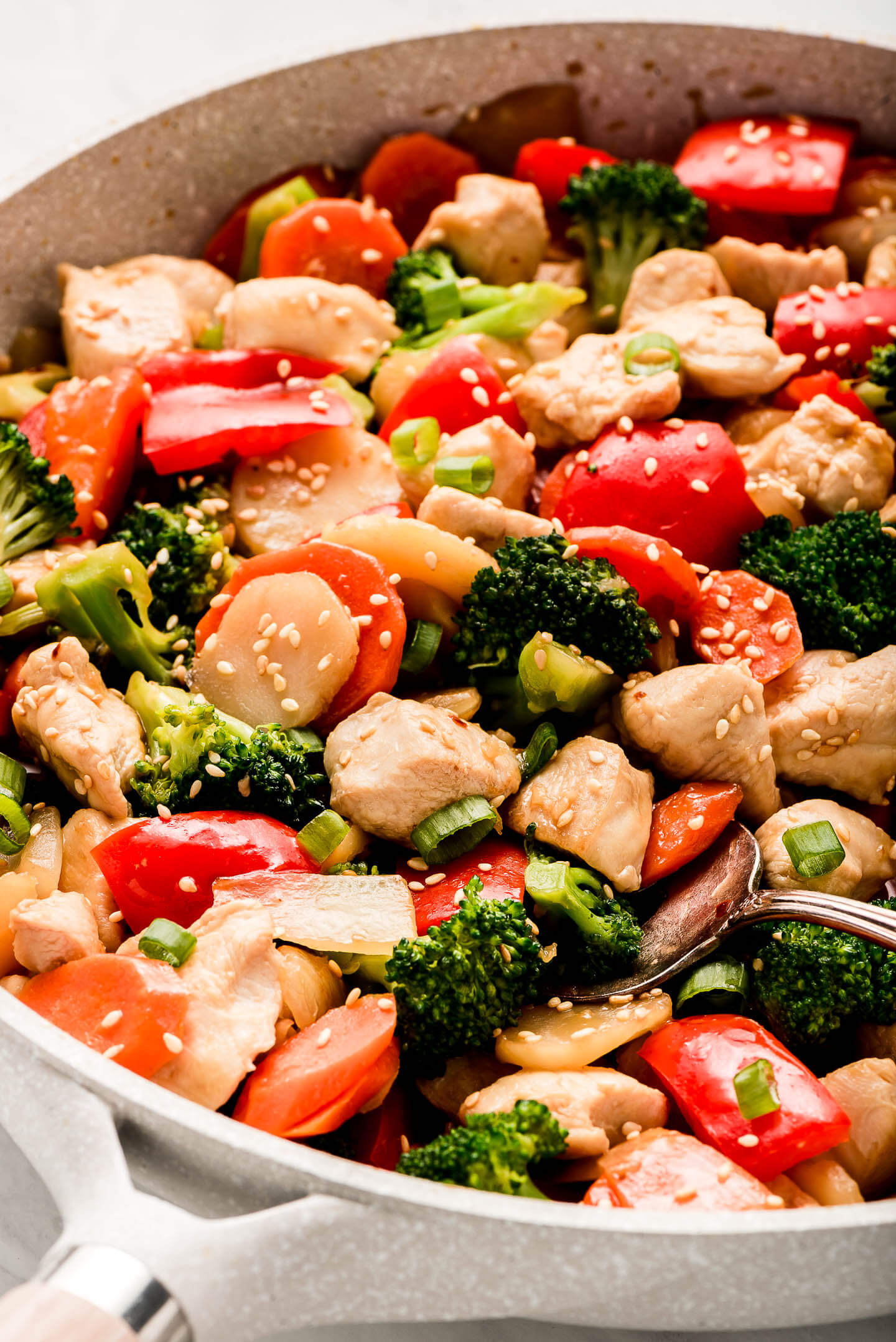 Close up of chicken and vegetable stir fry.