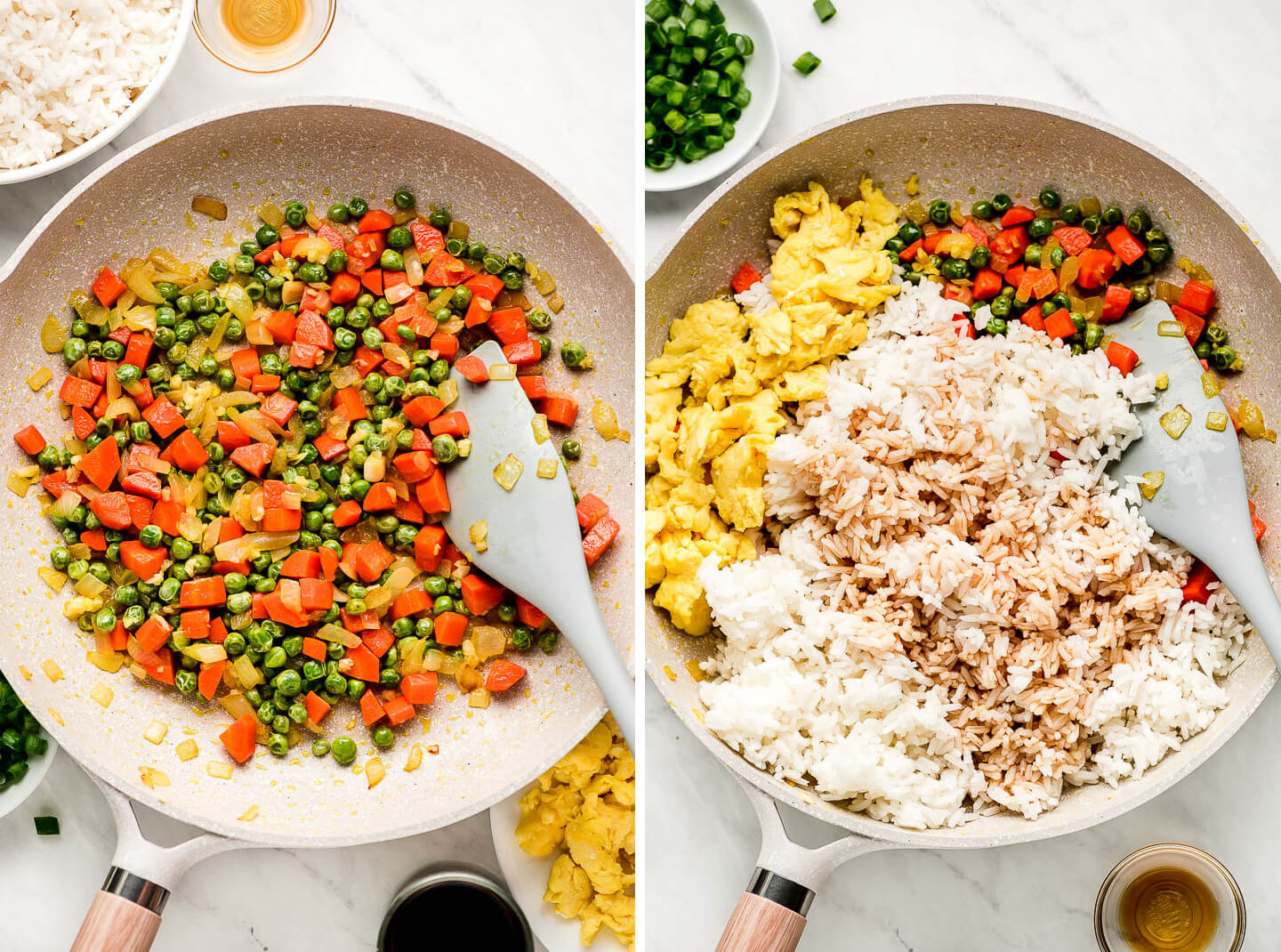 Diptych- Onions, carrots, and peas in a pan; scrambled eggs, rice, and soy sauce added.