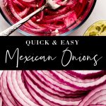 A glass bowl with marinated pink Mexican Pickled Onions with a squeezed lime to the side.