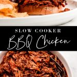 Shredded BBQ Chicken in a white serving bowl; Shredded bbq chicken on a sandwich with coleslaw.