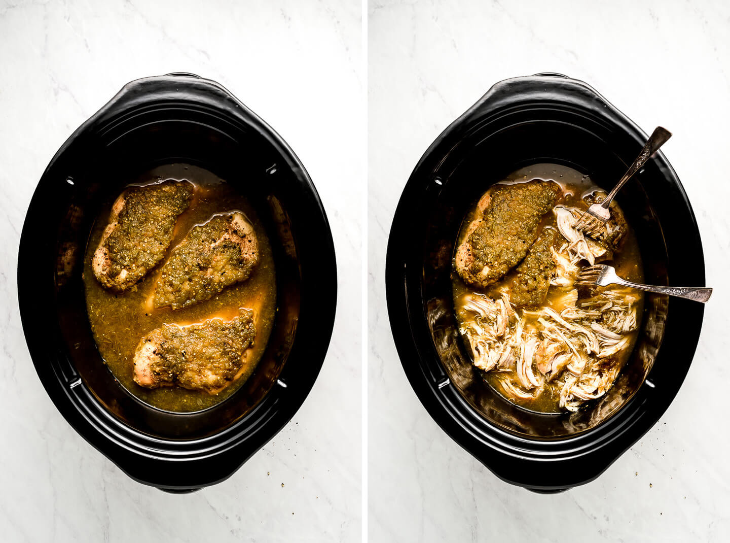 Diptych- A slow cooker with chicken breasts topped with salsa verde; shredding some of the chicken with 2 forks.