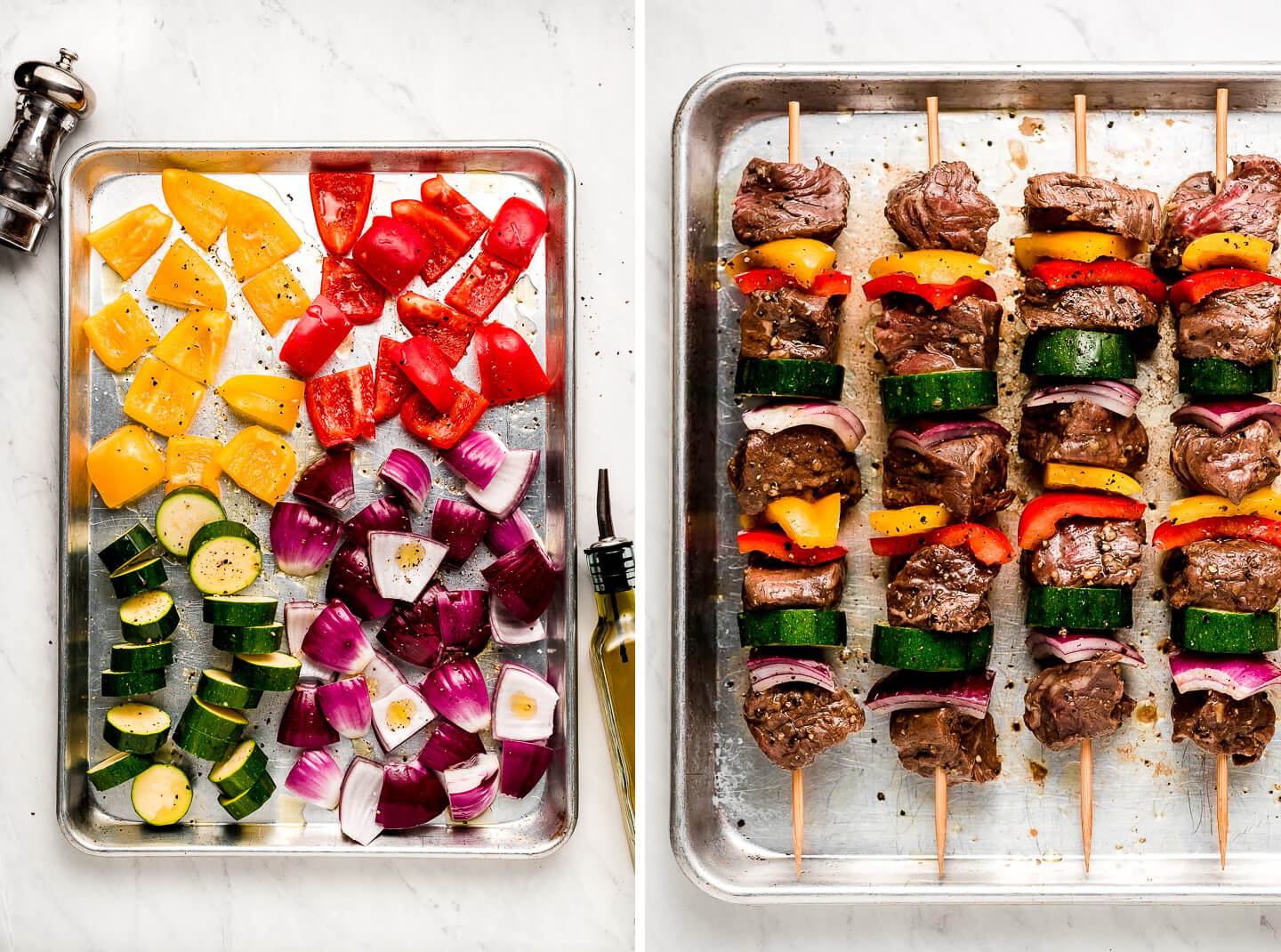 Diptych- A baking sheet with raw bell peppers, zucchini, and onions; vegetables and beef threaded on skewers.