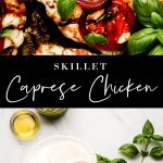 Caprese Chicken breast; mozzarella slices, tomatoes, basil, and oil on a marble surface.
