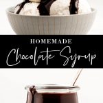 Pouring Chocolate Sauce over scoops of ice cream in a bowl; a jar of chocolate syrup.