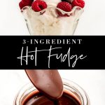 Drizzling hot fudge sauce over a cup of ice cream and raspberries.