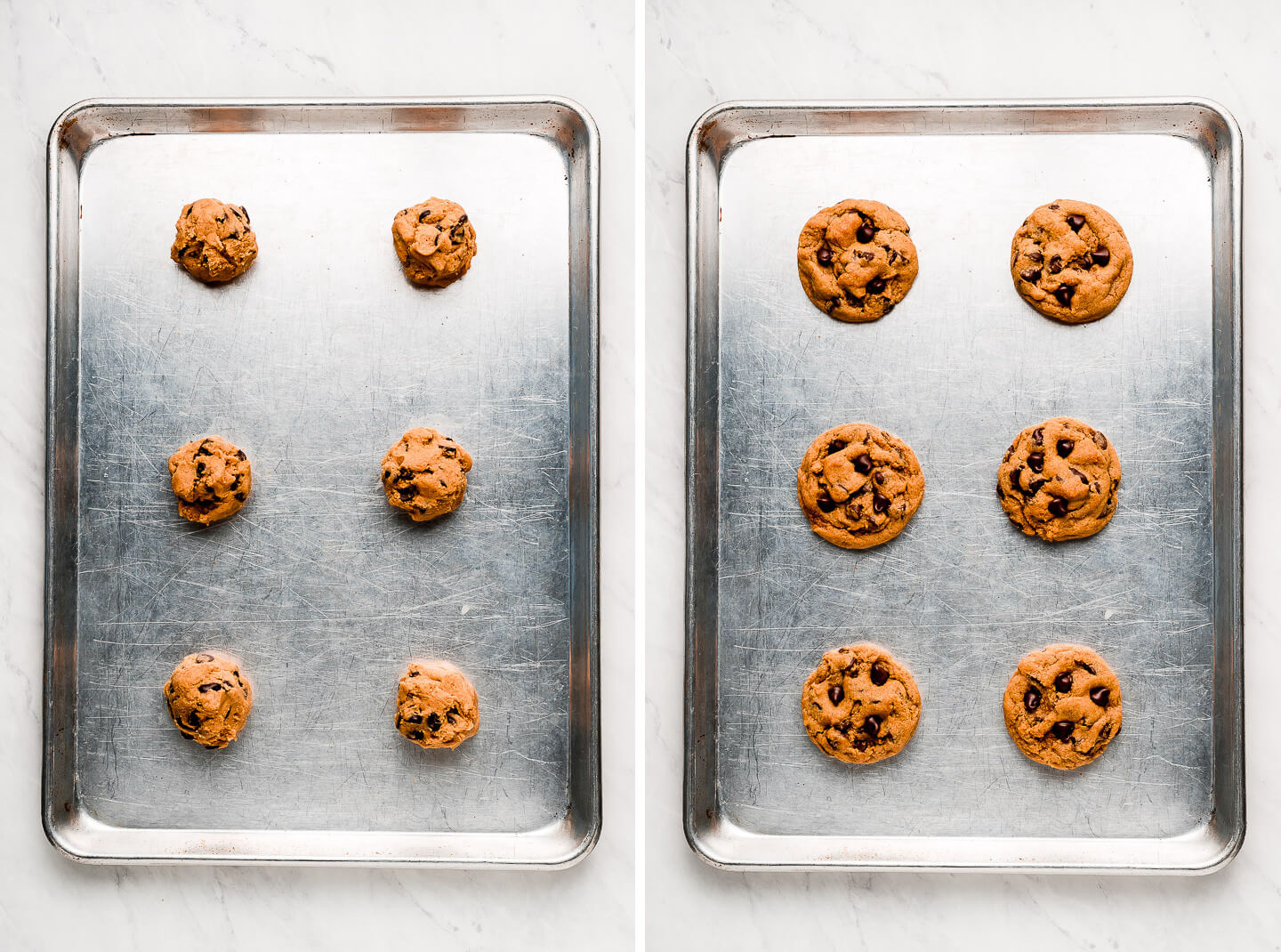 Diptych- cookie dough balls on a baking sheet; baked cookies.