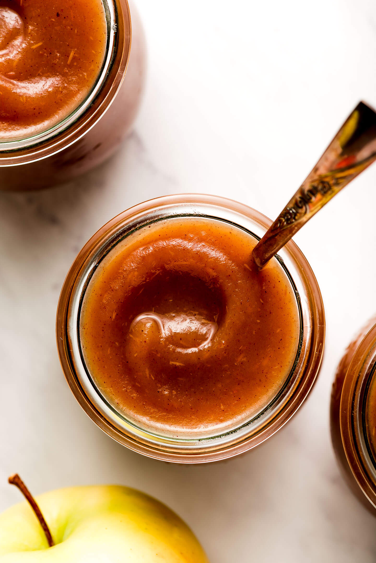 Close up of apple butter in a jar.