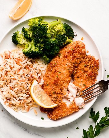 Top view of a plate with Parmesan Crusted Tilapia, broccoli, and rice.
