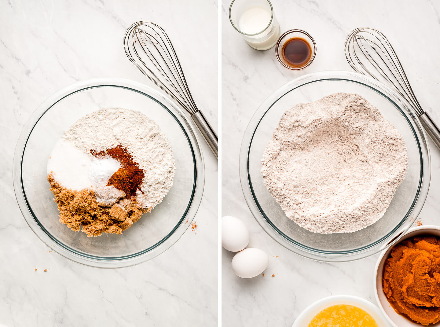 Diptych-flour, sugars, and cinnamon in a bowl; mixed together with other ingredients in dishes surrounding.