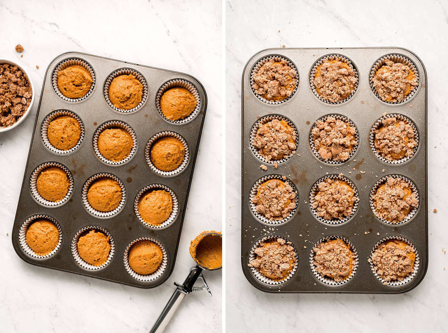 Diptych- Batter in lined muffin tin; streusel sprinkled on top of batter.