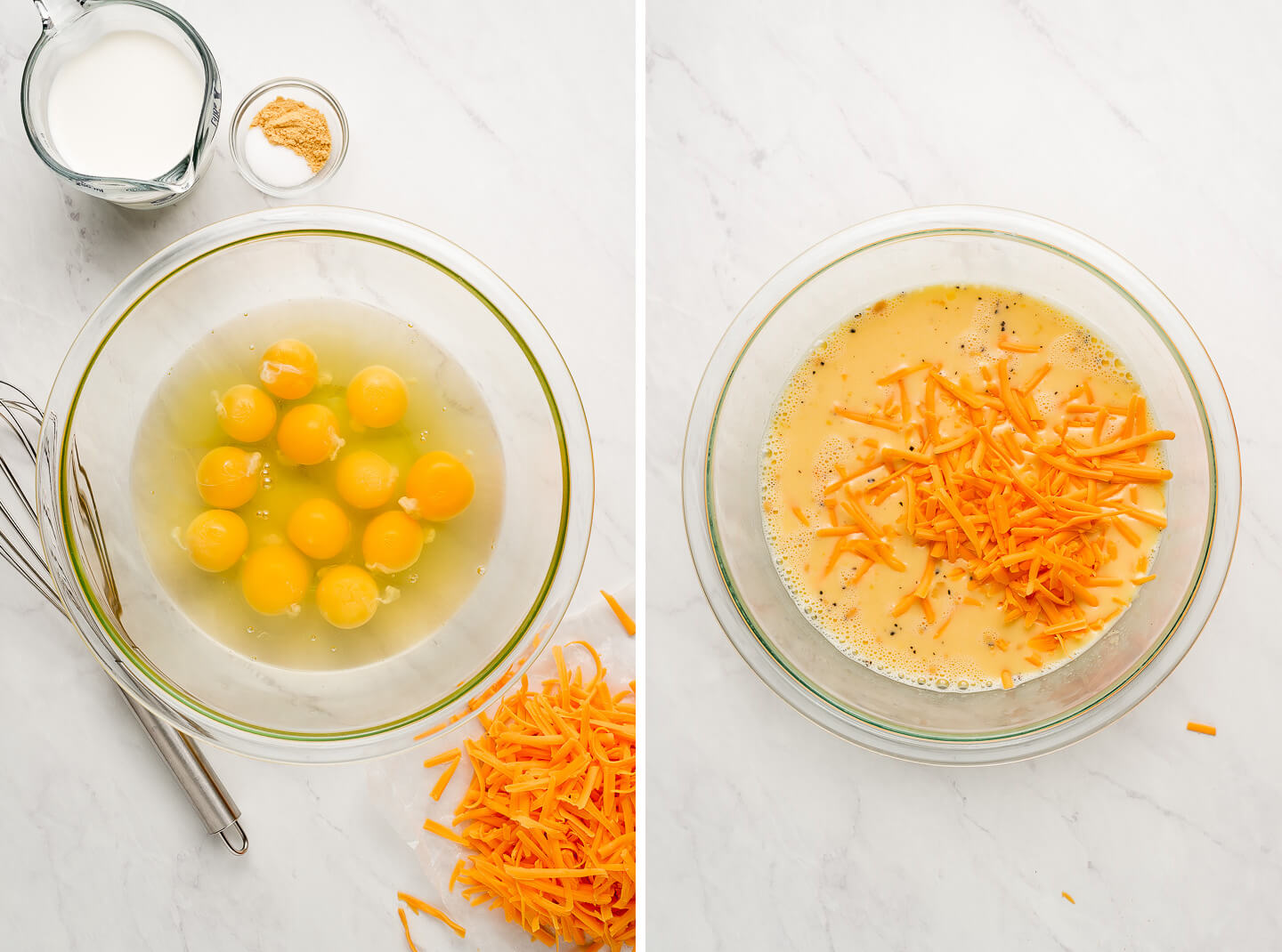Diptych- Eggs in bowl with milk and cheese to side; all mixed together.