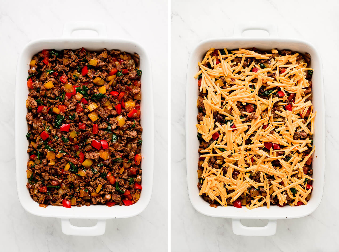 Diptych- A white baking dish of sausage pepper mix; topped with cheese mixture.