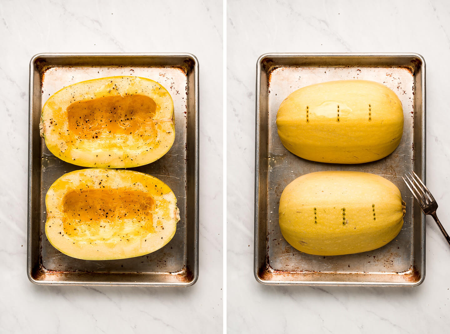 Diptych- Spaghetti squash cut in half with oil and salt and pepper; upside down with fork holes.