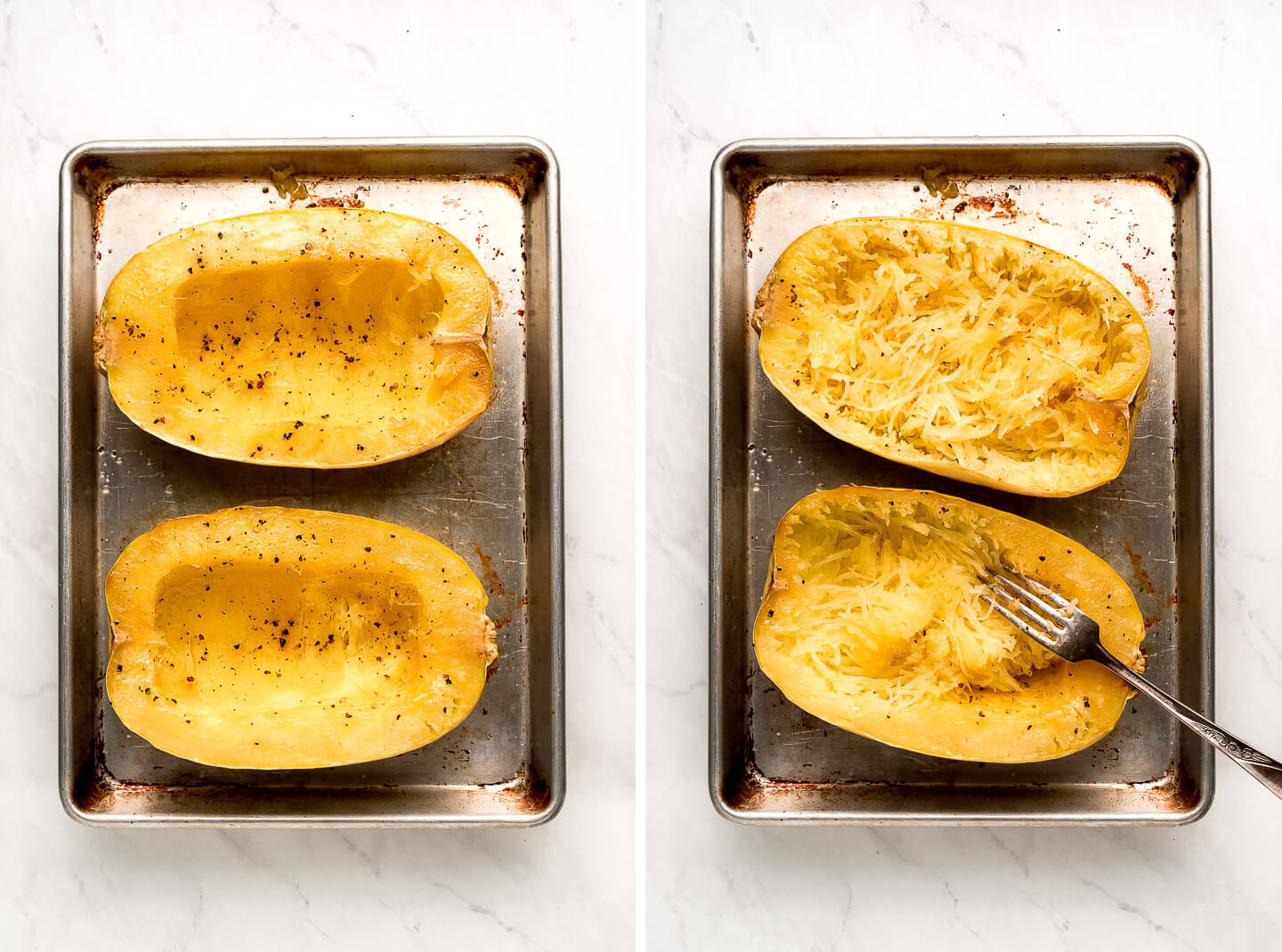Cooked spaghetti squash on a baking sheet.