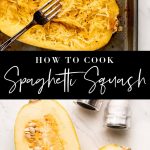 Two halves of spaghetti squash fluffed with a fork.