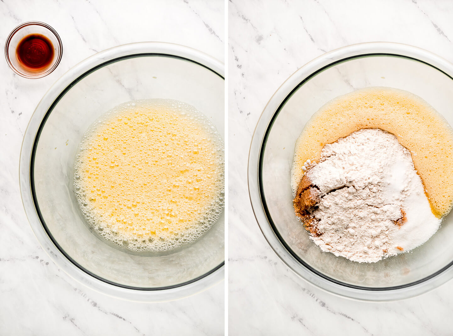 Diptych- Glass mixing bowl of beaten eggs; flour and sugars added to the frothed eggs.