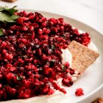 Close up of a cracker scooping up cranberry jalapeno dip.