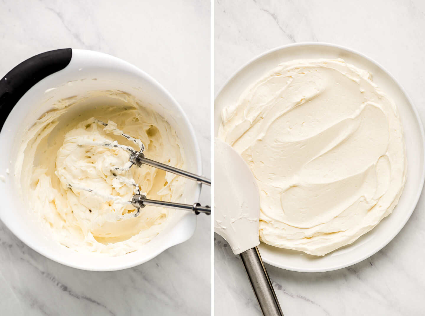 Diptych- cream cheese whipped in a bowl; spread on a plate.