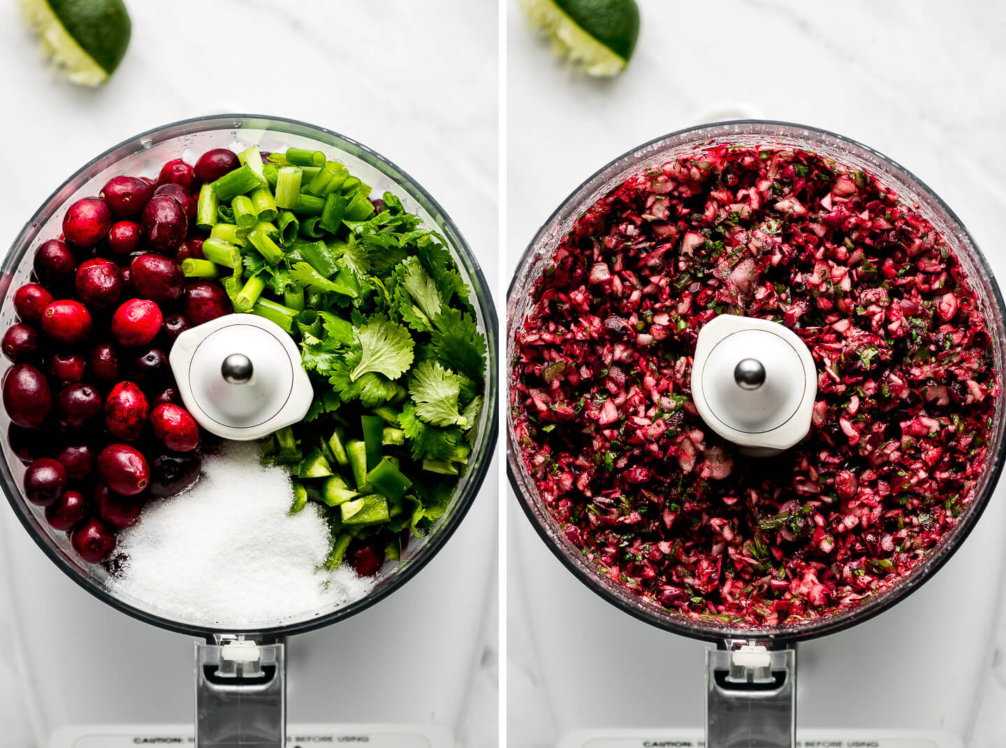 Diptych- Food processor with cranberries, green onion, cilantro, jalapeno, and sugar; roughly blended together.