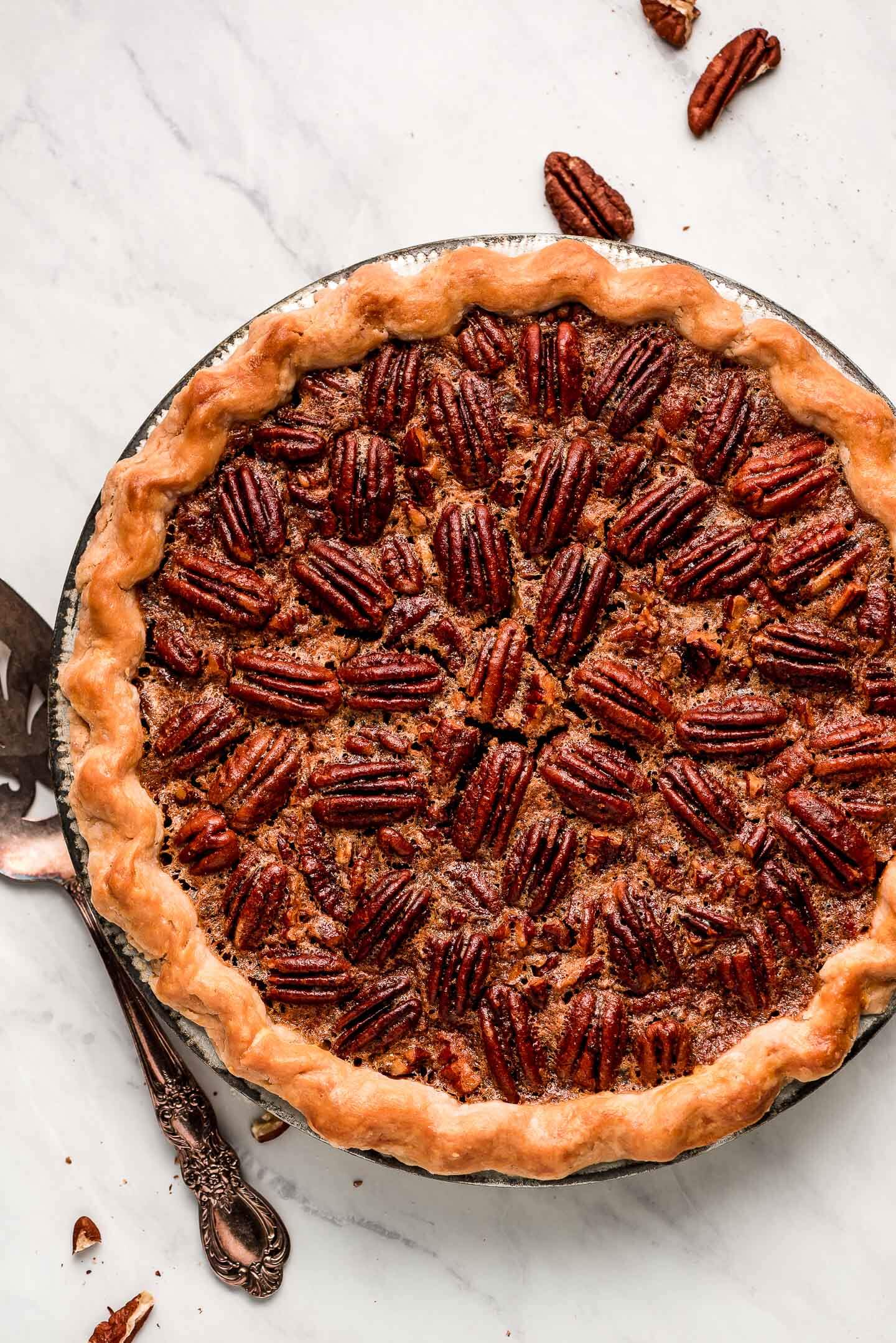 Top view of a whole pecan pie.
