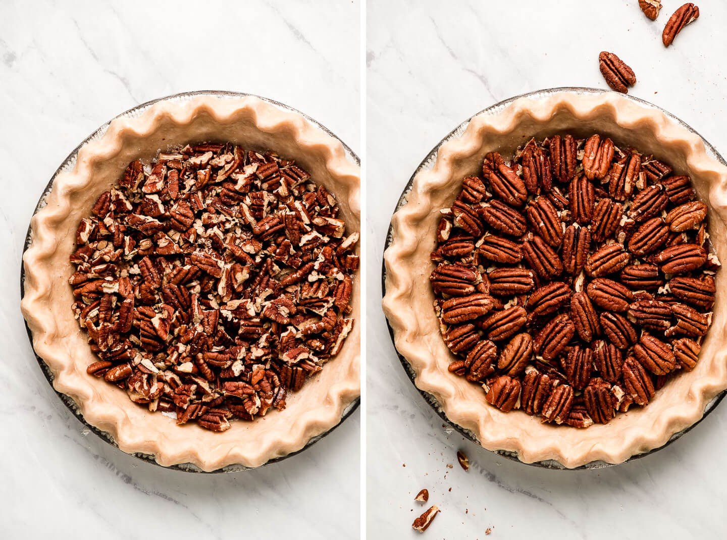 Diptych- Uncooked pie shell filled with chopped pecans; topped with whole pecans.