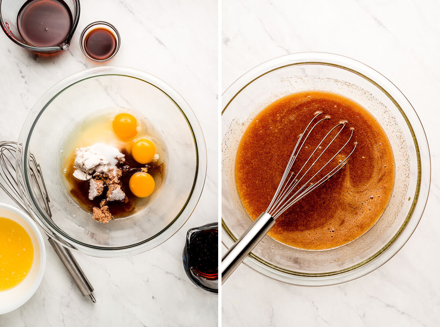 Diptych- A bowl of sugar and eggs with other ingredients surrounding; all ingredients mixed together.