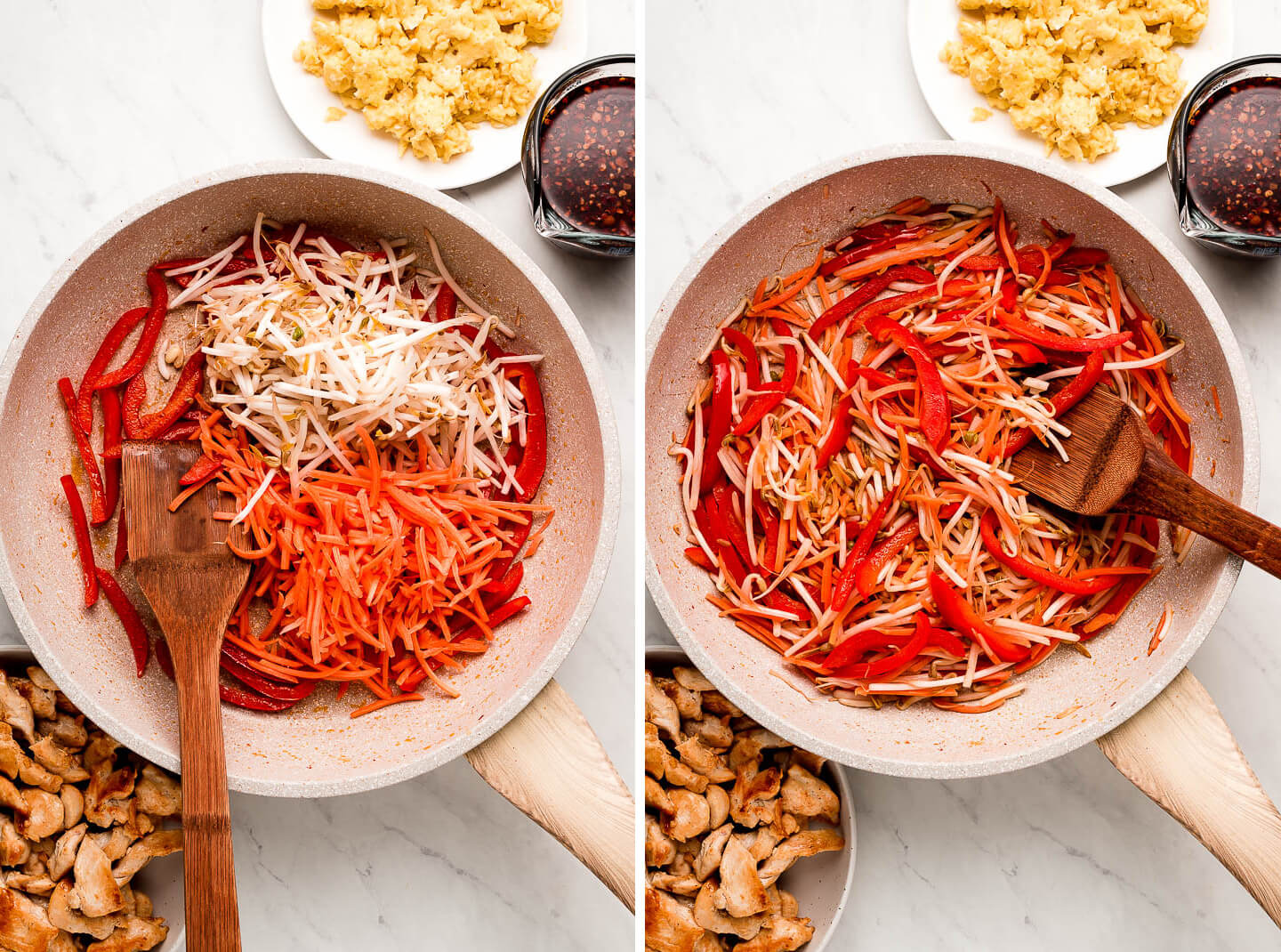 Diptych- Skillet with red peppers, shredded carrots, and bean sprouts; All mixed together.
