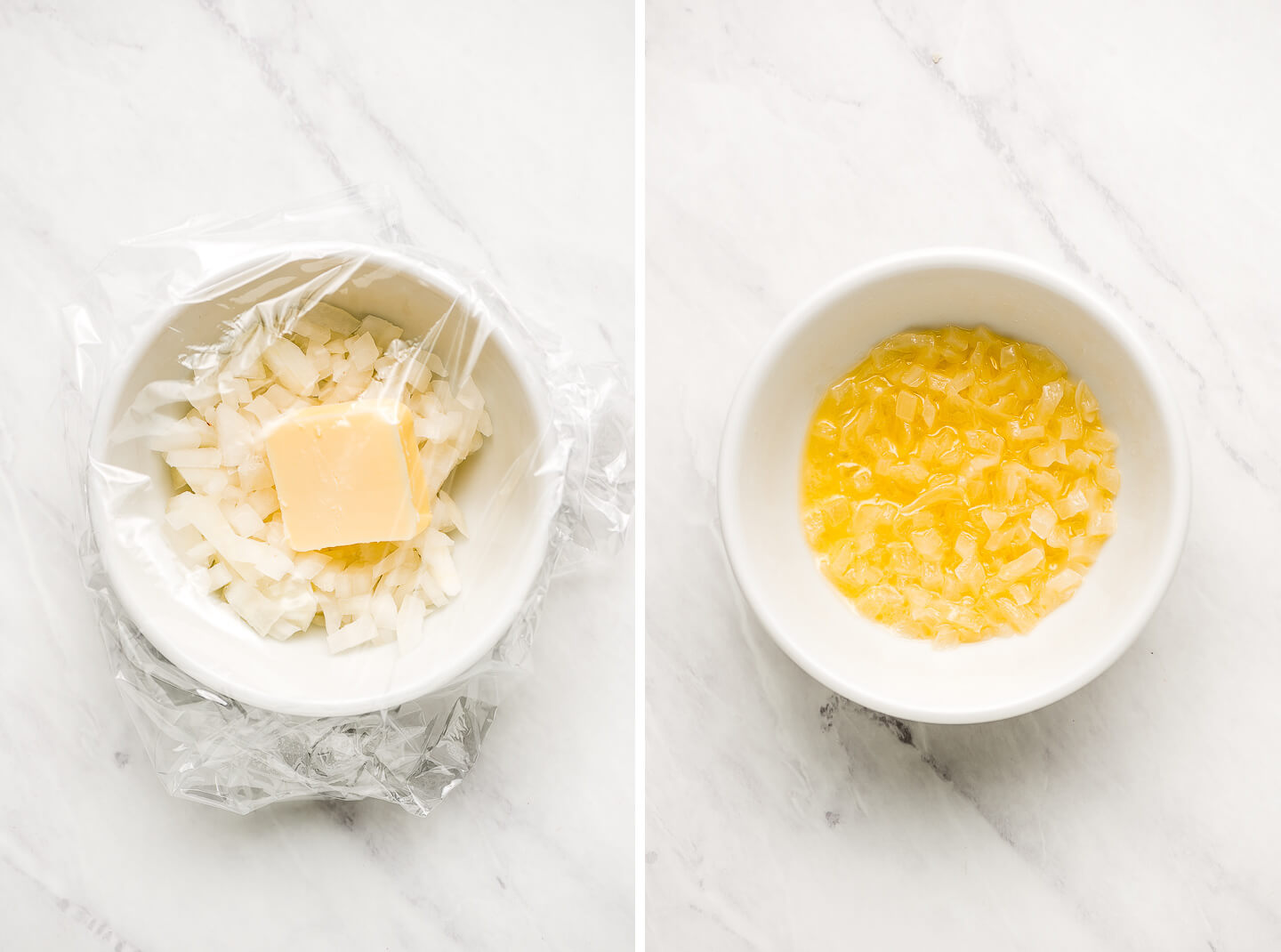 Diptych- Onion and a pat of butter in a bowl covered with plastic; wrap; softened onions in melted butter.
