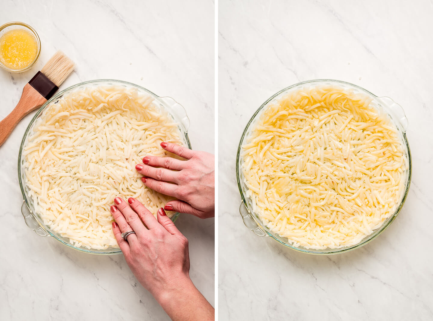 Diptych- Hands pressing hash browns into a pie plate; hash browns brushed with melted butter.