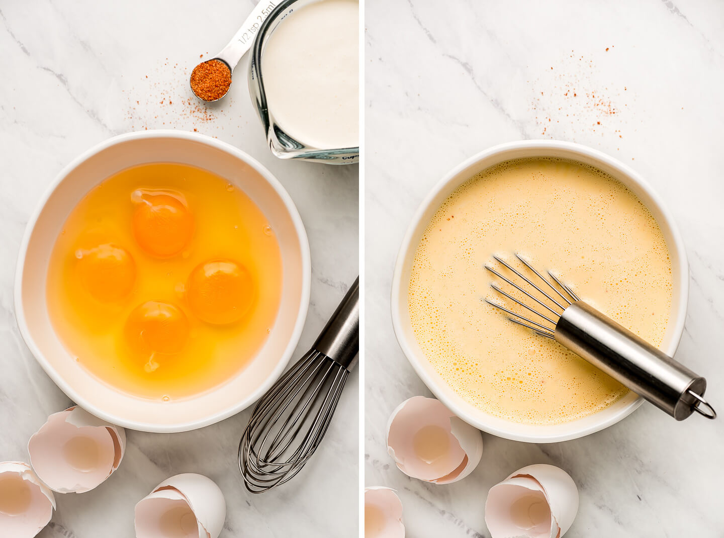 Diptych- Bowl of eggs with cream and spice to the side; all mixed together in the bowl.