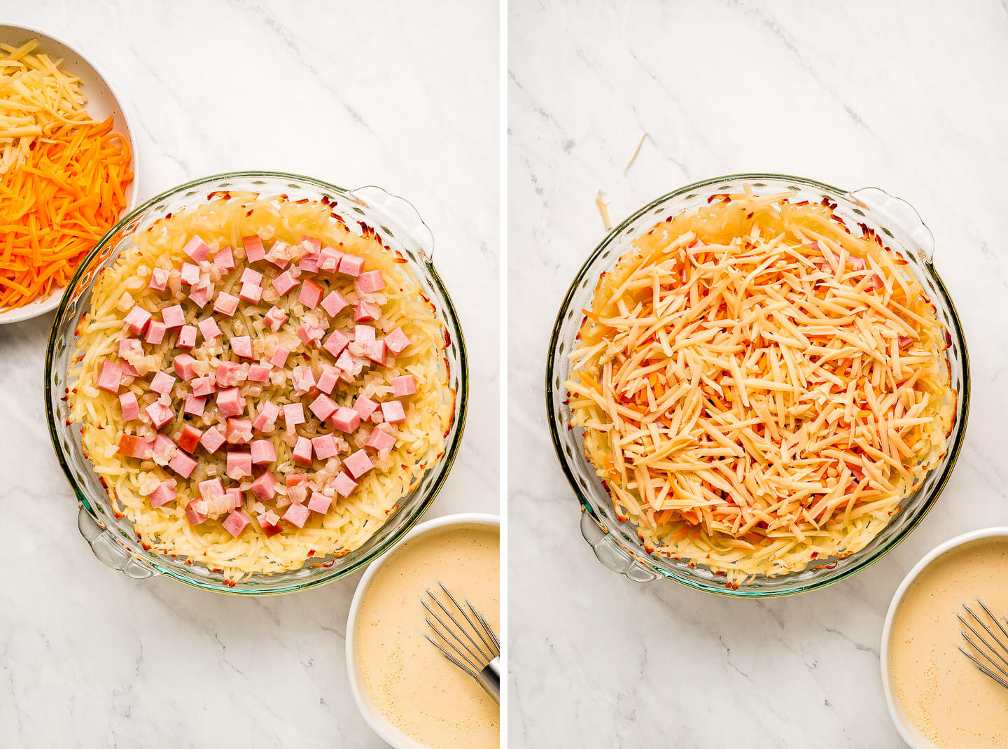 Diptych- Diced ham in a hash brown crust with shredded cheese to the side; cheese added on top of ham.