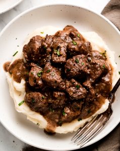 Beef Tips and Gravy over mashed potatoes.