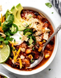 A bowl of slow cooker taco soup.