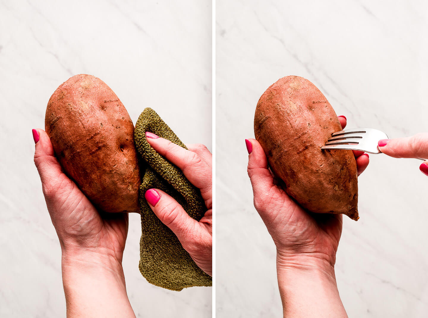 Diptych- Scrubbing a sweet potato; poking sweet potato with a fork.
