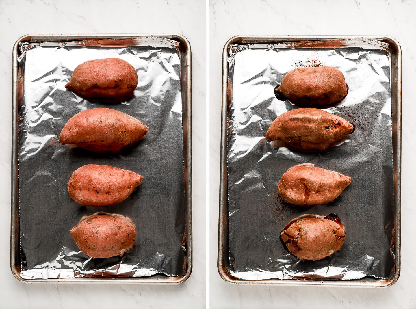Diptych- 4 raw sweet potatoes on a baking sheet; sweet potatoes baked.
