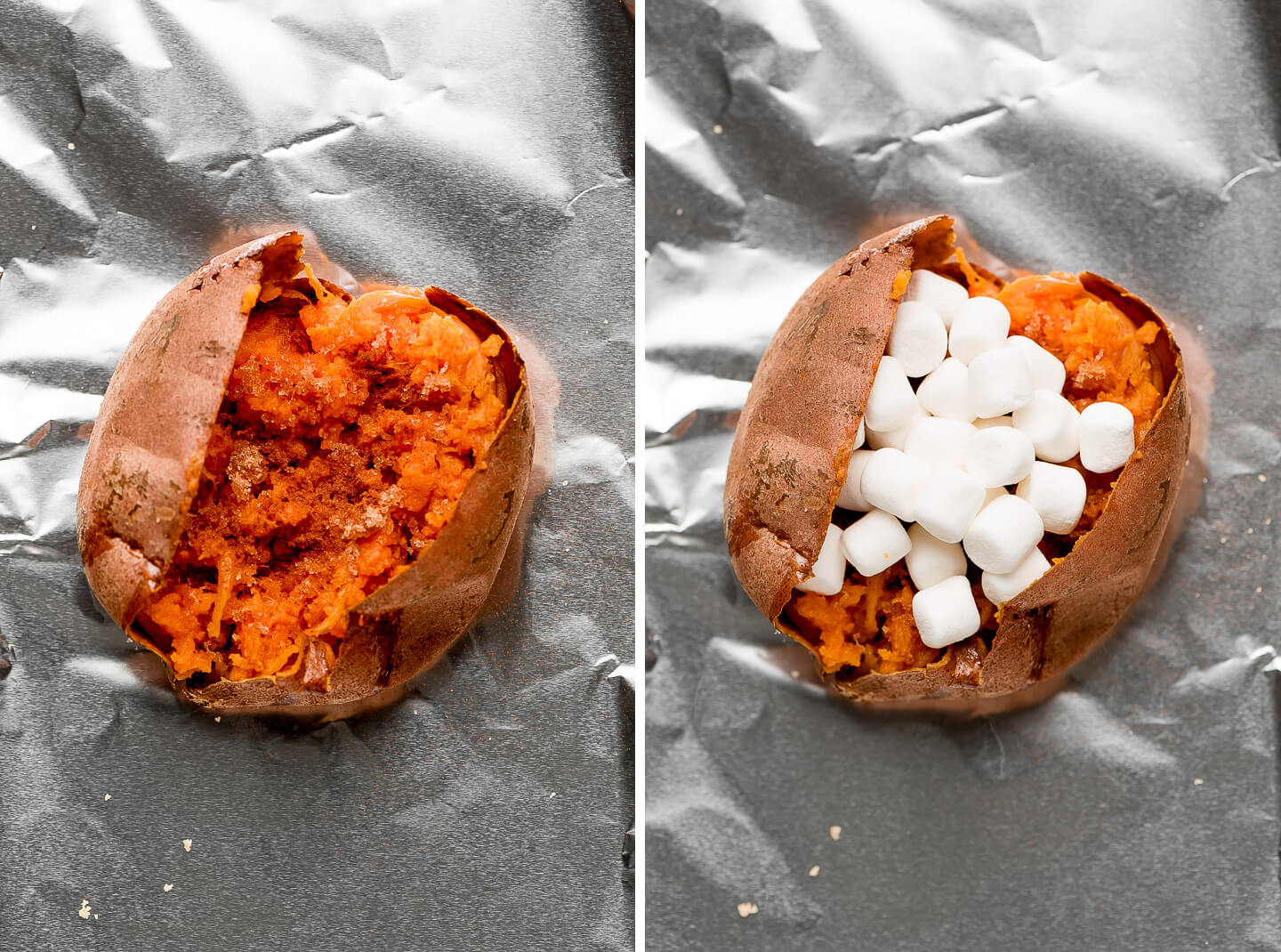 Diptych- Baked sweet potato with cinnamon and sugar; topped with marshmallows.