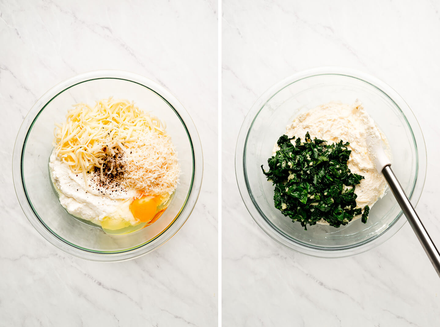 Diptych- Mixing bowl with 3 cheese, egg, and pepper; mixed together with sautéed spinach added.